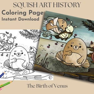 Squish Art History: Birth of Venus | Coloring Page for Adults, Squishmallow Coloring Page, Famous Art Coloring Page, Art History Activity