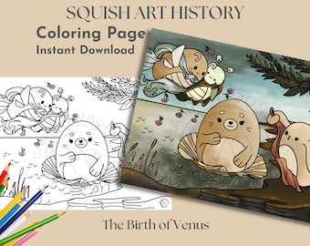 História da Arte Squish: Nascimento de Vênus | Página para colorir para adultos, página para colorir Squishmallow, página para colorir de arte famosa, atividade de história da arte