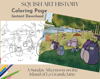 História da Arte Squish: Tarde de Domingo | Página para colorir para adultos, página para colorir Squishmallow, página para colorir de arte famosa, atividade de história da arte