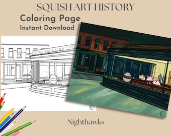História da Arte Squish: Nighthawks | Página para colorir para adultos, página para colorir Squishmallow, página para colorir de arte famosa, atividade de história da arte