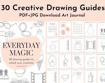 30 guias de desenho Livro de exercícios de arte | Planilhas de arte, pasta de trabalho de desenho, diário de arte digital, diário de arte para impressão, instruções de desenho criativo