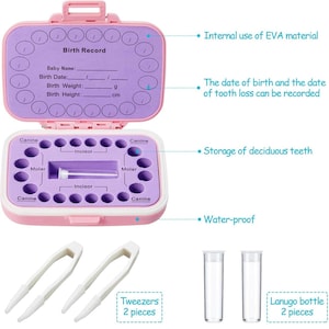 May include: Pink baby teeth storage box with a purple interior. The box has a compartment for each tooth and includes two tweezers and two small bottles. The box also has a section for recording the baby's birth date, weight, and height.