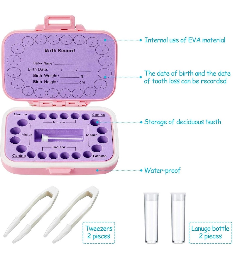May include: Pink baby teeth storage box with a purple interior. The box has a compartment for each tooth and includes two tweezers and two small bottles. The box also has a section for recording the baby's birth date, weight, and height.
