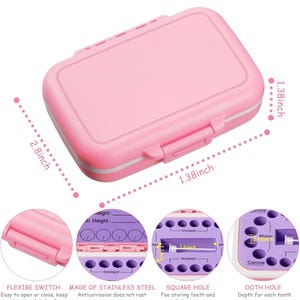 May include: Pink plastic baby teeth storage case with a hinged lid and a separate compartment for each tooth. The case measures 2.8 inches by 1.38 inches.