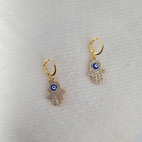 nazar boncuğu blue evil eye earrings gold, protection from evil mal de ojo earrings, witchy gifts for best friend, hand of Hamsa earrings