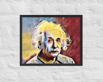 May include: A colourful, abstract portrait of Albert Einstein with a white background. The portrait is painted in a style that resembles a watercolour painting.