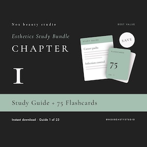 May include: An Esthetics Study Bundle for Chapter I by Nox beauty studio. The digital graphic features a study guide and 75 flashcards in sage green and white on a dark background. Text includes Career paths, Infection control, and SAVE.