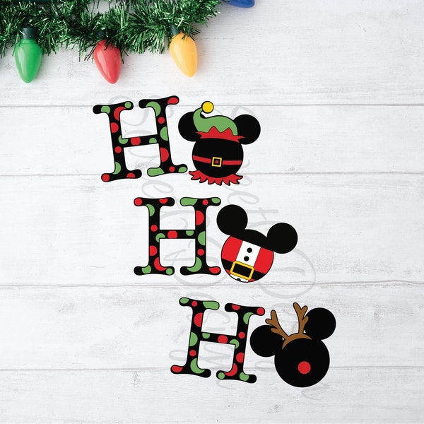 Ho Ho Ho Mickey Heads. Mickey Elf, Mickey Reindeer and Mickey Santa. Merry Christmas SVG image