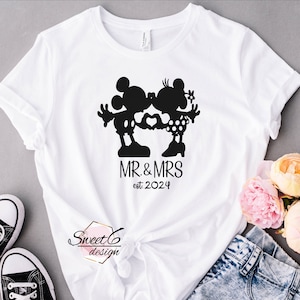 Mr. & Mrs. Est 2024. Mickey/Minnie kissing, heart hands. JPG SVG PNG. Digital file for Cricut and silhouette.  Honeymoon vacation shirt!