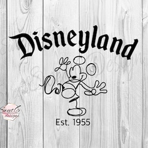 May include: Black and white illustration of Mickey Mouse juggling three balls, with the text "Disneyland Est. 1955" below.