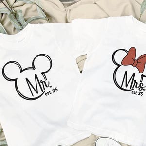 Mr. & Mrs. Just Married 2025 SVG Mickey and Minnie Head Digital download. Perfect shirt image for a Honeymoon trip.