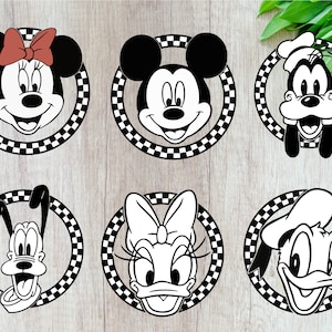 May include: Six black and white cartoon character heads in checkered circles. Mickey Mouse, Minnie Mouse, Donald Duck, Goofy, and Pluto are featured.