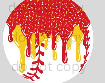 May include: A white baseball with red stitching and a red and yellow dripping icing design. The icing is covered in red and yellow sprinkles.