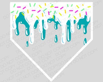 May include: A white and teal blue baseball home plate with white frosting and colorful sprinkles on top. The frosting is dripping down the sides of the plate.