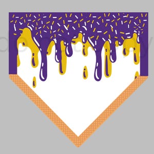 May include: A waffle cone with purple and yellow icing dripping down the sides. The icing is covered in white and yellow sprinkles.