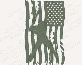 May include: A distressed green silhouette of a baseball player swinging a bat in front of a distressed green American flag.
