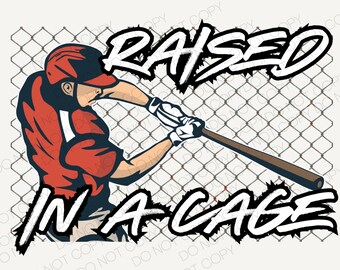 May include: A baseball player in a red jersey swings a bat in front of a chain link fence. The text "RAISED IN A CAGE" is written in white with a black outline.