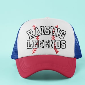 Raising Ballers Trucker Hat, Baseball Mom Hat, Blue Red and Black