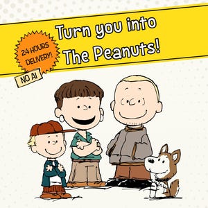 May include: Cartoon illustration featuring characters from The Peanuts. The image includes a yellow banner with the text "Turn you into The Peanuts!" and a 24-hour delivery badge. The characters include Charlie Brown, Sally Brown, Linus van Pelt, and Snoopy.