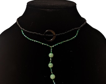 Crescent Moon Choker Necklace, Black Seed Bead Moon Pendant, Celestial Jewelry