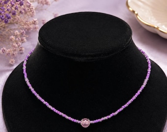Dainty Lavender Beaded Choker Necklace | Minimalist Purple Handmade Jewelry
