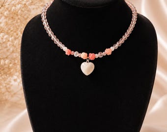 Rose Quartz Heart Choker Necklace | Handmade Beaded Jewelry with Rose Accents