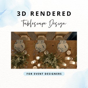 Peut inclure: Une conception de tablescape 3D rendue pour les designers d'&eacute;v&eacute;nements. L'image montre une table en bois avec trois couverts, chacun avec une assiette blanche &agrave; motif floral bleu, des couverts en or et un verre transparent. Il y a des bougies blanches et de la verdure sur la table.