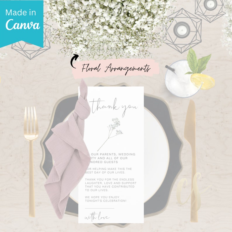 May include: A white card with a thank you message and a small floral illustration. The card is on a table setting with a pink napkin, a gold fork, and a black and gold plate.