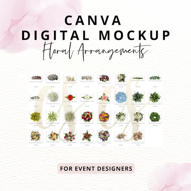 May include: A digital mockup of floral arrangements for event designers. The image shows a grid of 24 different floral arrangements, including bouquets, wreaths, and garlands. The arrangements are made with a variety of flowers, including roses, hydrangeas, and lilies.