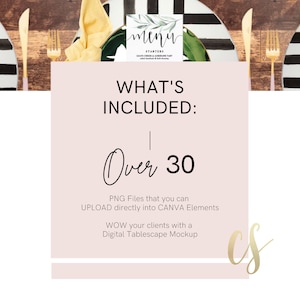 May include: A pink and white digital graphic with the text "WHAT'S INCLUDED: Over 30 PNG Files that you can UPLOAD directly into CANVA Elements WOW your clients with a Digital Tablescape Mockup"