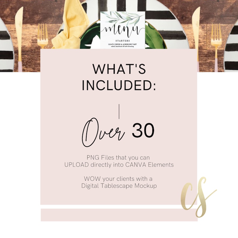 May include: A pink and white digital graphic with the text "WHAT'S INCLUDED: Over 30 PNG Files that you can UPLOAD directly into CANVA Elements WOW your clients with a Digital Tablescape Mockup"