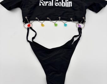 Feral Goblin Charm Bodysuit – Open‑Back Rave One‑Piece | Stretch Festival Bathing Suit with Rainbow Chain Charm