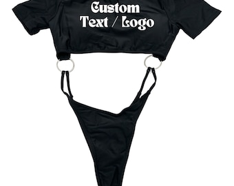 Custom Text / Logo Black Bodysuit • Rave Bodysuit • Bodysuit • Rave Bathing Suit