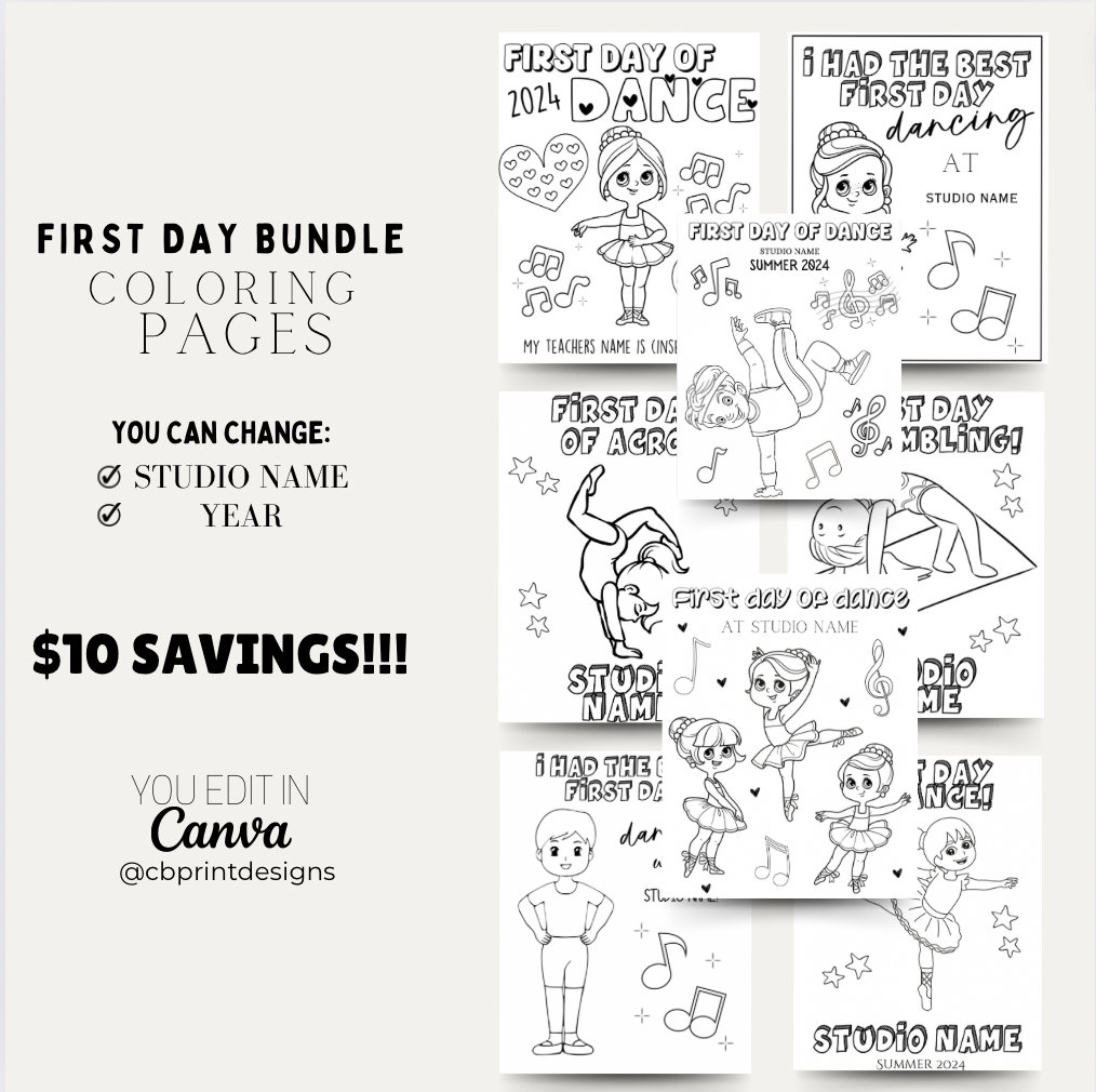 10 Pages - First Day of Dance/acro/tumbling Bundle Coloring Page for ...