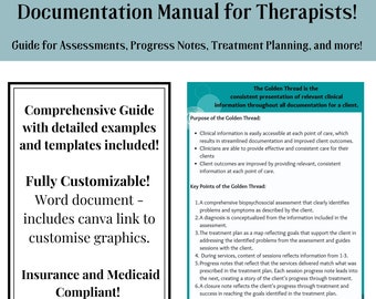 May include: A guide for therapists with detailed examples and templates for assessments, progress notes, treatment planning, and more. The guide is fully customisable, includes a Canva link to customise graphics, and is compliant with insurance and Medicaid.