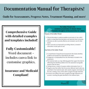 May include: A guide for therapists with detailed examples and templates for assessments, progress notes, treatment planning, and more. The guide is fully customisable, includes a Canva link to customise graphics, and is compliant with insurance and Medicaid.