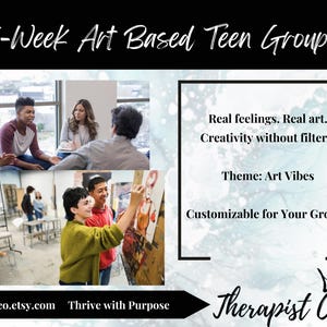 May include: An advertisement for a 5-week art-based teen group. The image shows teens interacting and creating art. Text includes "Real feelings. Real art. Creativity without filters." and "Theme: Art Vibes."