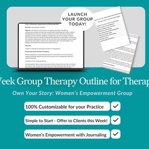 Puede incluir: Una pantalla de computadora portátil que muestra un esquema de terapia grupal de 8 semanas para terapeutas, titulado "Own Your Story: Women's Empowerment Group". El esquema es 100% personalizable para tu práctica, fácil de comenzar y ofrece empoderamiento para mujeres con diario. El texto "¡Lanza tu grupo hoy!" se muestra en un globo de diálogo rojo.
