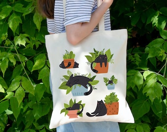 Black Cat Tote Bag, Cat Tote Bag, Cat Lover Gift, Cat Bag, Plant Lover Gift, Plant Tote, Canvas Tote Bag, Aesthetic Tote Bag, Crazy Cat Lady