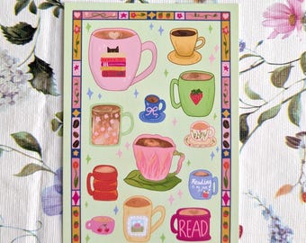 Postal de café / Flores de primavera y tazas de café