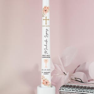 First Holy Communion Peach Floral Taper candle Personalized Ceremony Candle First Holy Communion gift set Catholic Church ceremony angel