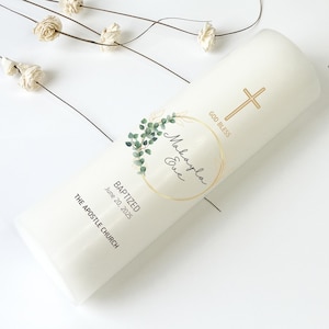 Greenery Wreath Baptism Pillar Candle with Gold Cross Christening Candle, Keepsake baptism candle, Wreath floral leaves pillar candle