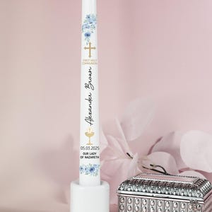 Personalized First Holy Communion Candle: Blue Floral Ceremony Gift Set