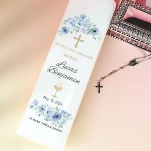 Blue Floral First Holy Communion Candle: Personalized Pillar Candle