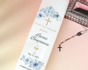 Spersonalizowana świeca na Pierwszą Komunię: Niebieska, kwiatowa pamiątka religijna