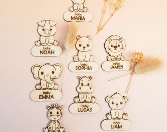 Drewniana zawieszka z imieniem zwierzęcia, spersonalizowany prezent dla dziecka, impreza tematyczna Safari, drewniany znak, wycinany laserowo, dekoracja dżungli, Baby Shower, drewniane zwierzę