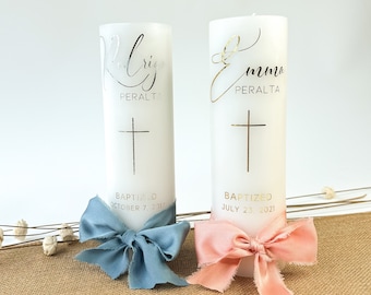 Personalized Baptism Foil lettering Pillar candle with Ribbon Bow Customized with Color Ribbon for Christening