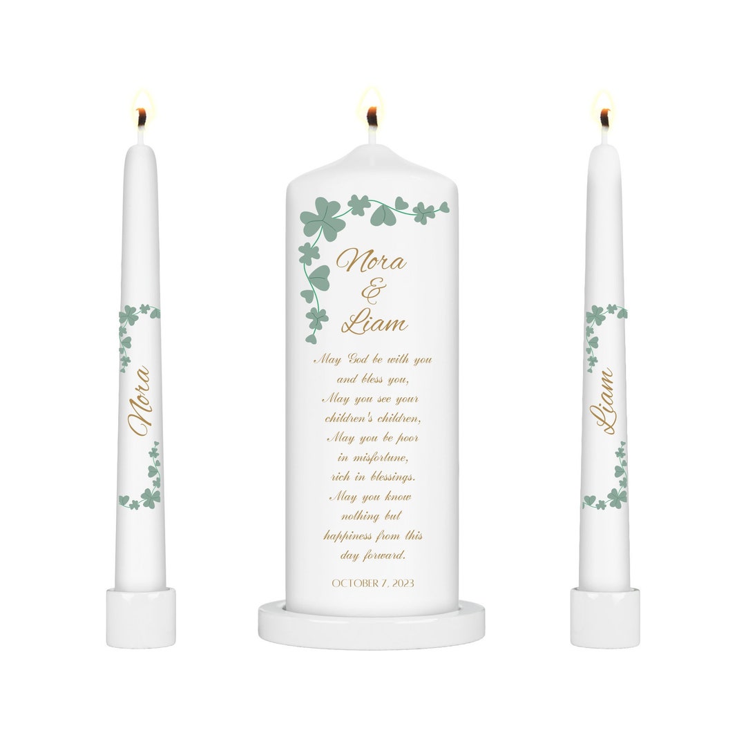 Irish Wedding Blessing Unity Candle Set Wedding Candle, Shamrock Clover