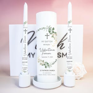 Baptism Greenery Crest Candle Set withTaper candles Personalized Simple and Elegant Christening Candle Set Gift Box Keepsake