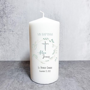 Personalized Baptism Pillar Candle Custom Greenery flowers Christening candle